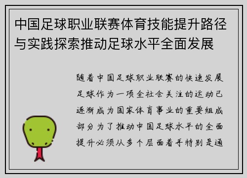 中国足球职业联赛体育技能提升路径与实践探索推动足球水平全面发展